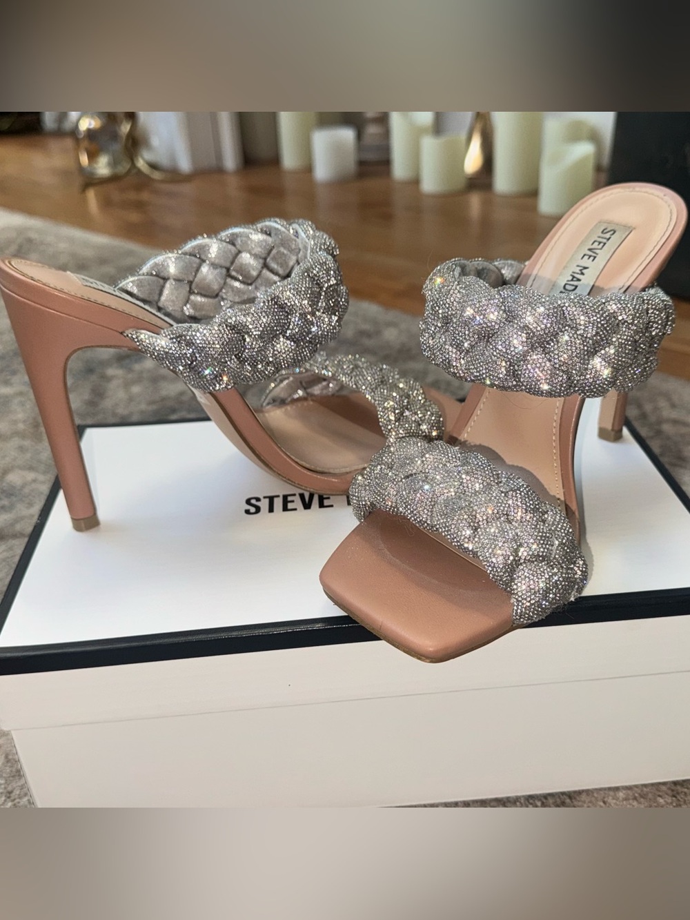 Steve Madden Silver Crystal Braided Strap Heels